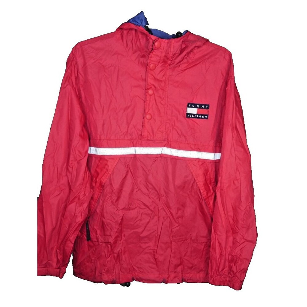VTG Y2K Tommy Hilfiger Red Nylon Anorak Wind Breaker Jacket Kids Size XL